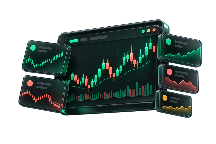 A dark glass market dashboard with several contrasting candlestick charts